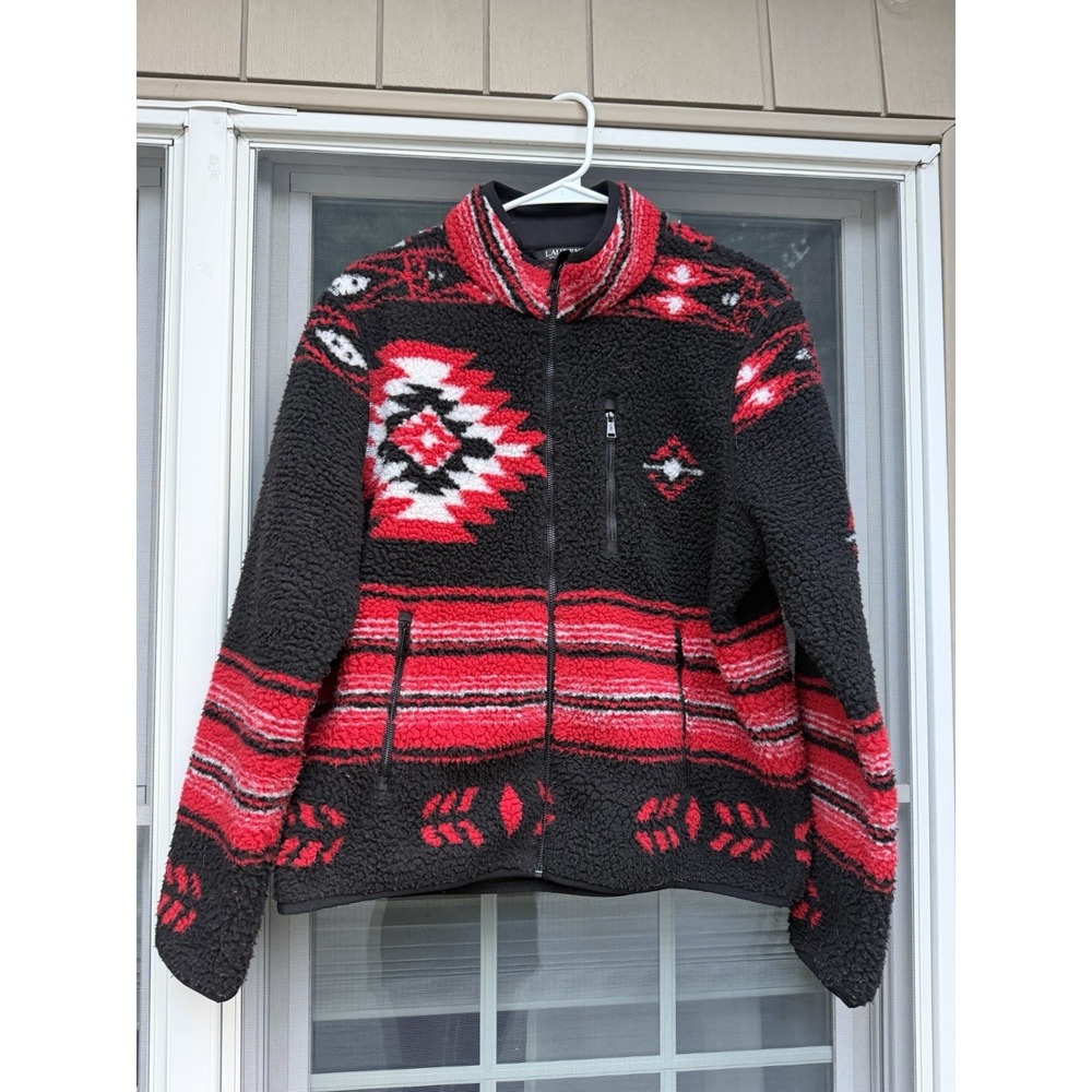 Lauren Ralph Lauren Sherpa Fleece Jacket Black Red Southwestern Aztec Large